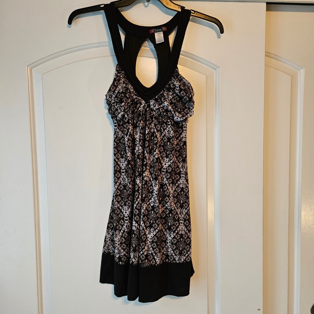 Trixxi Dress Black and Gray Women Medium Tank Keyhole Back‎ Y2K Babydoll Braided